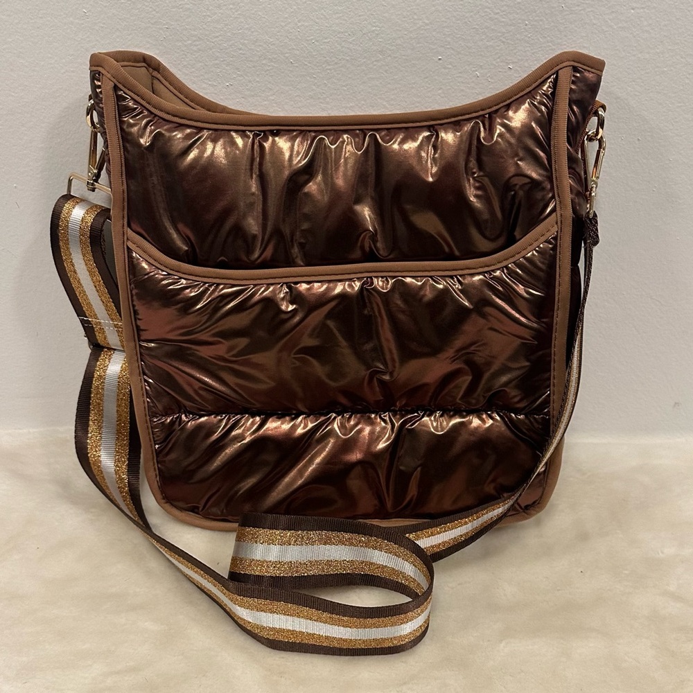 Ahdorned liquid bronze puffe Metallic Brown Crossbody Bag Striped Shoulder Strap